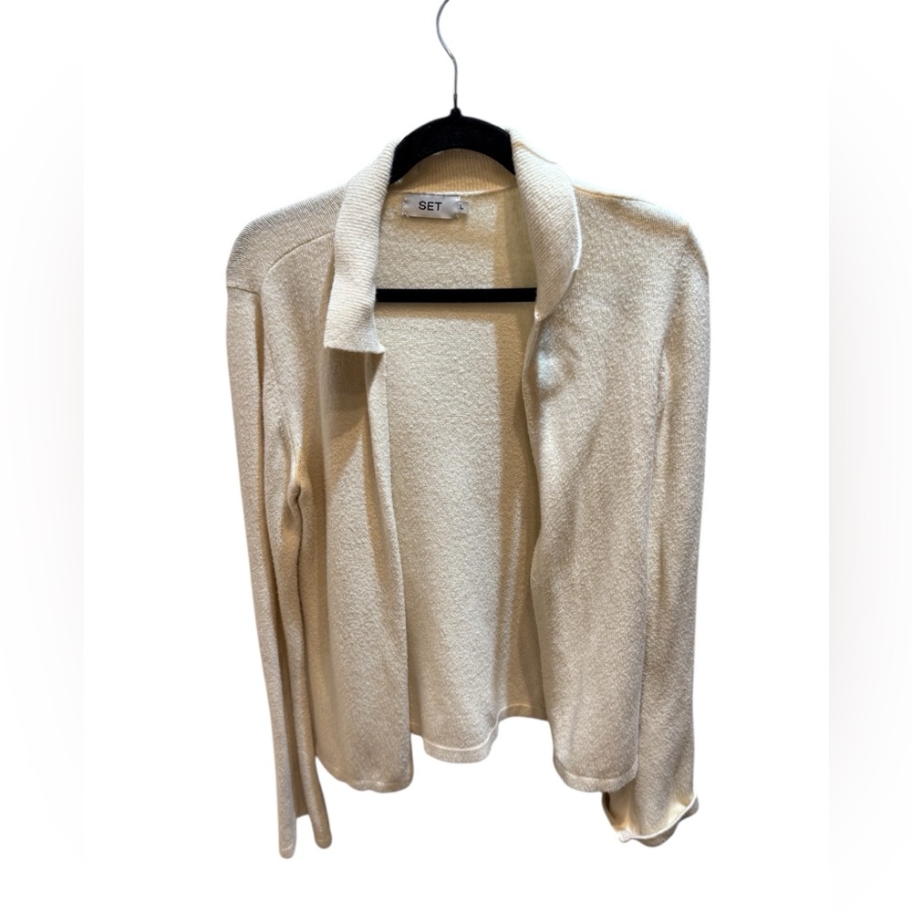 SET Cream Open Knit Collar Cardigan Sweater Top - Picture 2 of 8
